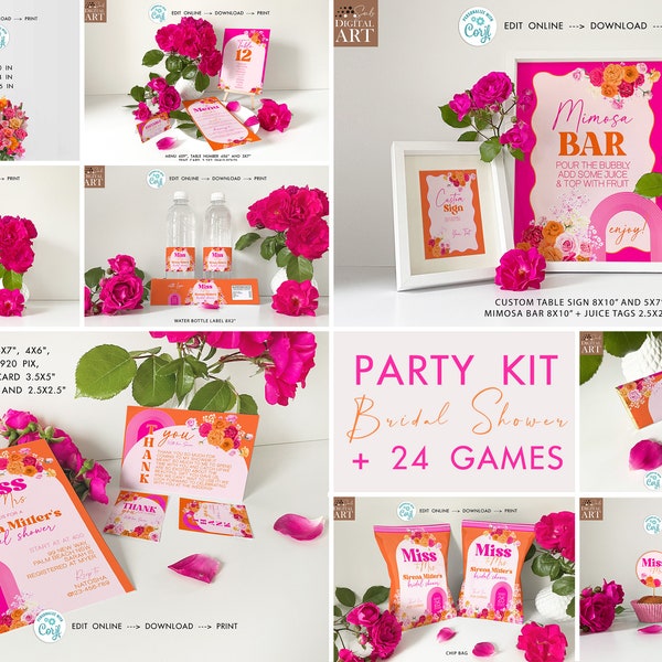 Hot Pink Orange Bridal Shower party bundle Printable Boho Floral Tropical brunch summer party invitation, signs, games, wine, etc Corjl