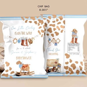 Sky blue Cowboy baby shower chip bag Light Blue and white Rodeo treat bags template Western decor digital download template Corjl
