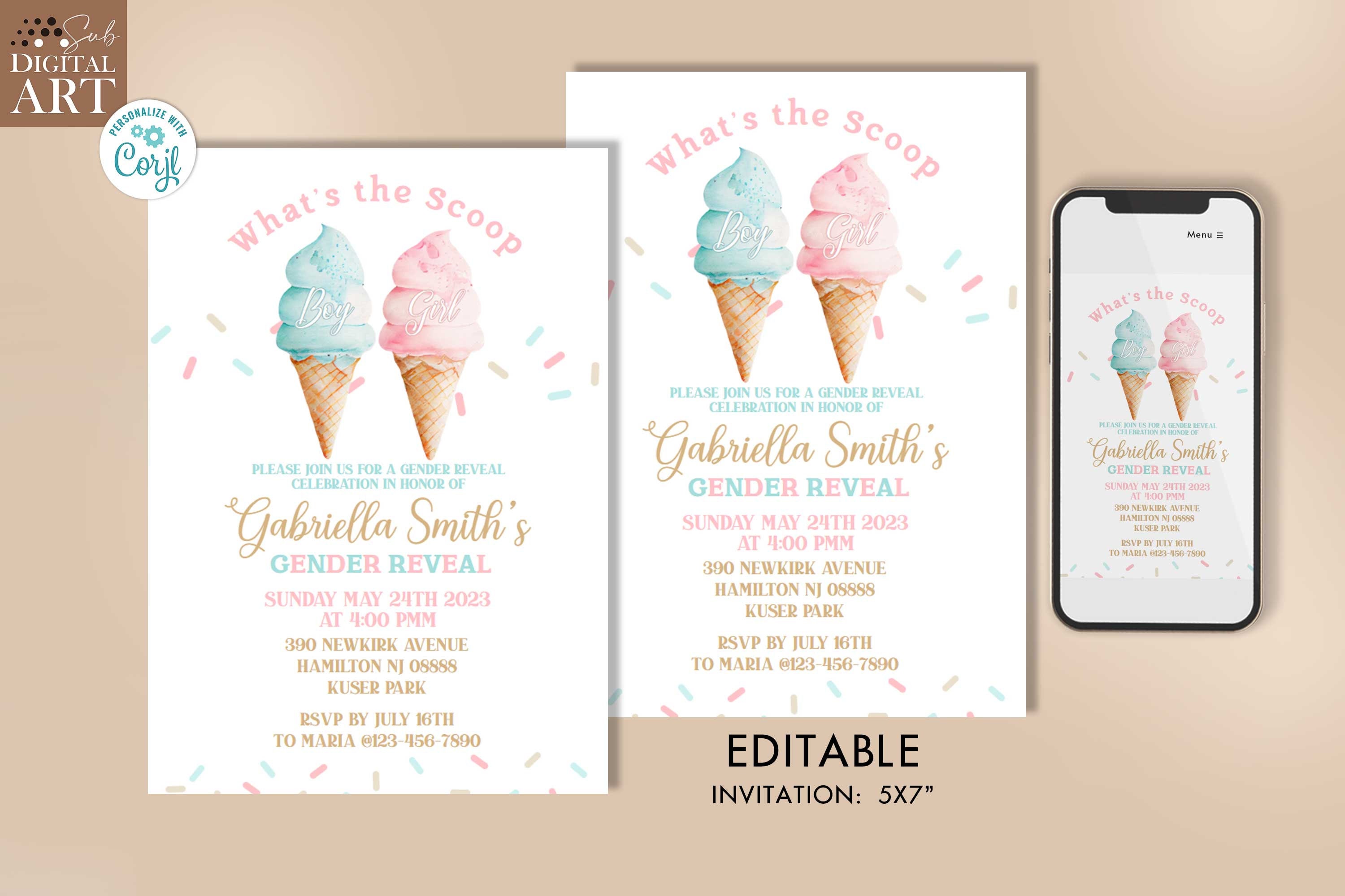 Ice cream gender reveal invitation editable whats the scoop ice cream printable pink or blue invite Summer He or She party