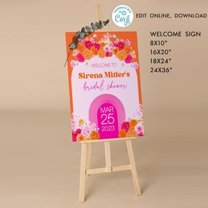 Hot Pink Orange Bridal Shower Welcome sign Printable Boho brunch sing, Floral Tropical brunch summer party banner download Corjl