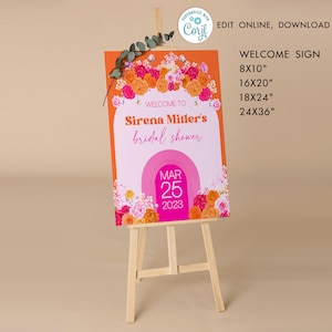 Panneau de bienvenue rose orange pour la douche nuptiale imprimable brunch bohème chanter, bannière de fête d&#39;été brunch tropical floral téléchargement Corjl