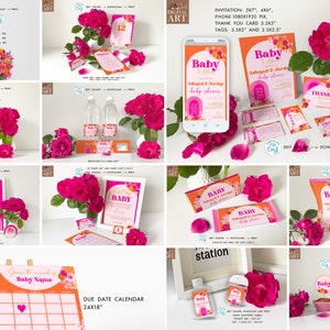 Baby in bloom baby shower Hot Pink Orange party bundle Printable Boho Floral Tropical summer baby shower invitation, signs, games Corjl