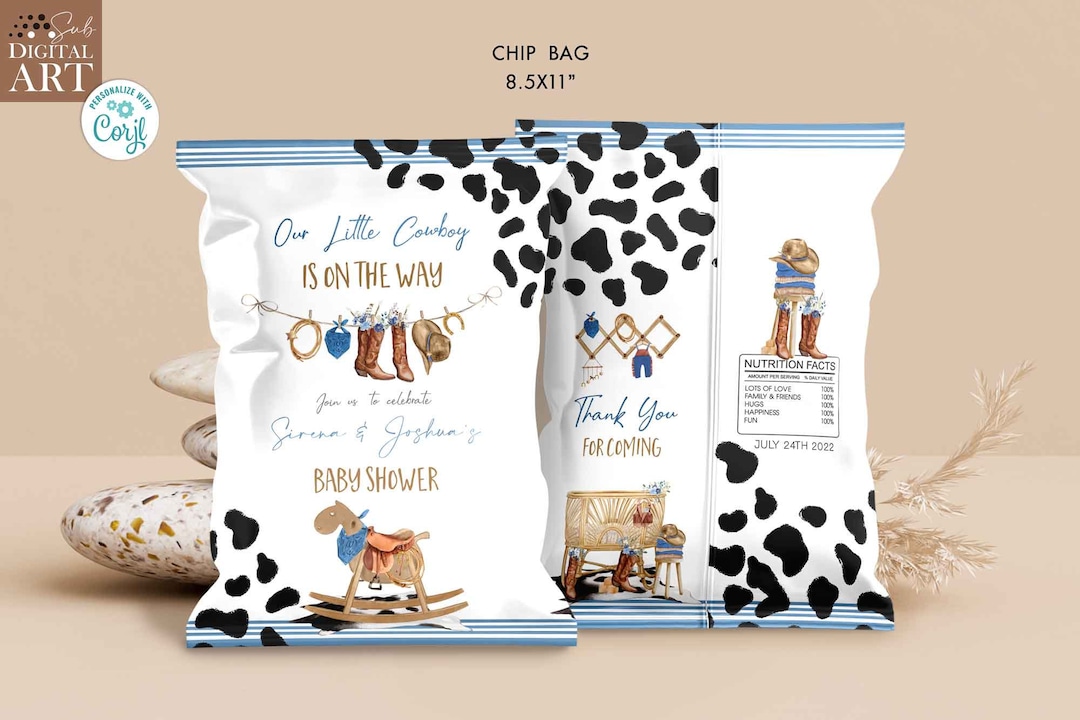 Cowboy Baby Shower Rodeo Chip Bag Blue and White Template Western Treat