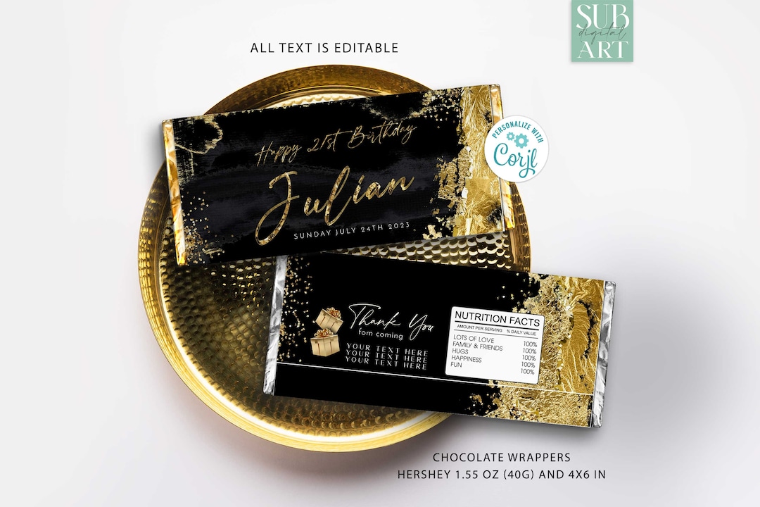 Black and Gold Foil Candy Bar Wrappers, Chocolate Birthday Party Decoration, DIY Birthday Party