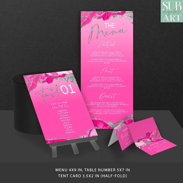 Hot Pink and Silver Glitter Menu card, Table Sign, Birthday party decoration, DIY Birthday, party supplies Digital Download Corjl Editable