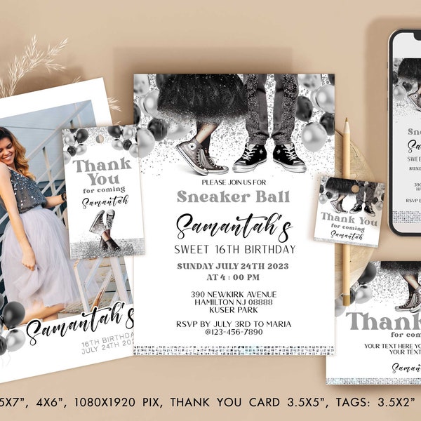 Girl or Boy Sneaker Ball birthday invitation, black silver Chucks and Pearls party invites and thank you cards, evite download Corjl
