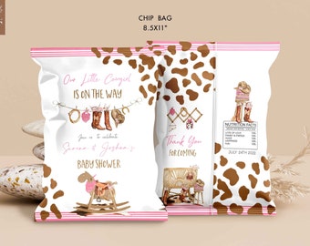 Cowgirl baby shower Rodeo pink chip bag template Western treat bags decor for girl shower digital download template Corjl