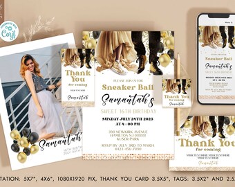 Sneaker Ball birthday invitations Girl or Boy black gold Chucks and Pearls party invites and thank you cards, evite instant download Corjl