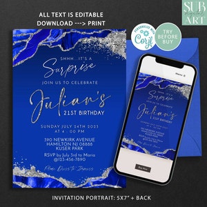 Royal Blue and Silver Invitation Birthday party invite, DIY Birthday invites, baby shower, wedding, bridal shower Download Corjl Editable