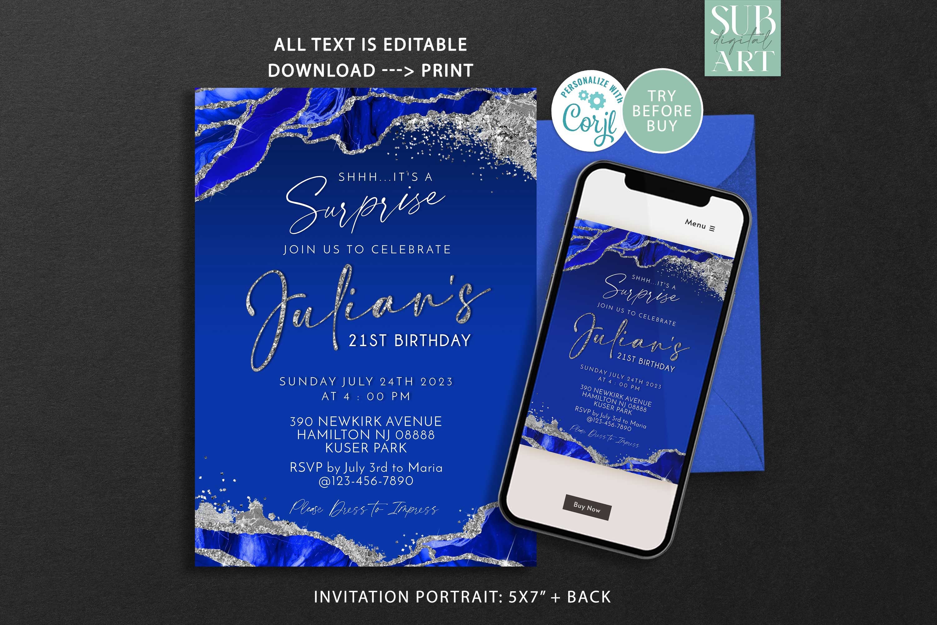 Royal Blue and Silver Invitation Birthday party invite, DIY Birthday invites, baby shower, wedding, bridal shower Download Corjl Editable