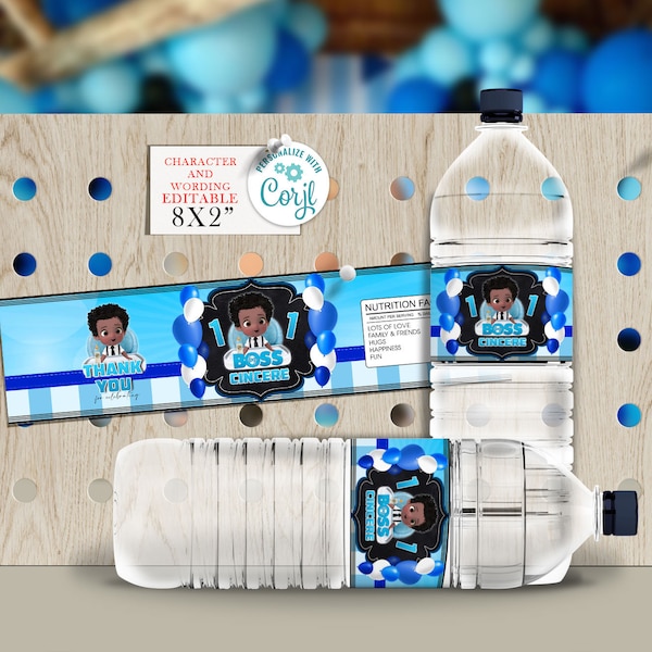 Afro-Américain Black Boss Boy bébé Bouteille d’eau étiquette Royal Blue Boy bébé Anniversaire thème party fournitures Téléchargement numérique Corjl