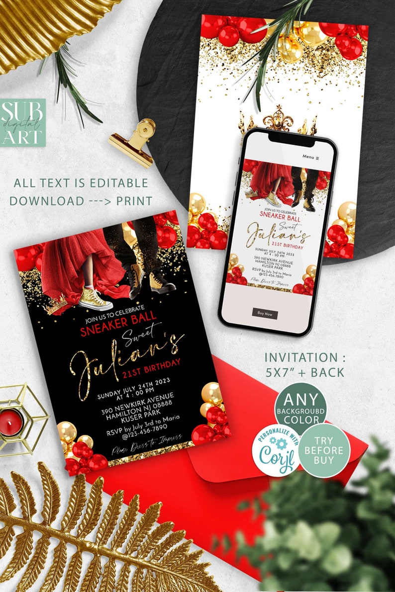 May include: A digital invitation design for a Sweet 21st Birthday Sneaker Ball. The design features a black background with gold glitter accents, red and gold balloons, and the text "Julian's 21st Birthday". The invitation is 5x7 inches.