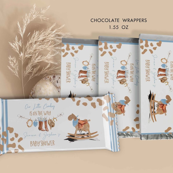 Sky blue Cowboy baby shower Candy bar Light Blue and white Rodeo chocolate wrapper template Western decor digital download template Corjl