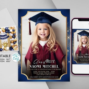 Editable Blue and Gold Kindergarten Graduation Invitation with photo Preschool Pre K Graduation Ceremony Invite digital download Corjl