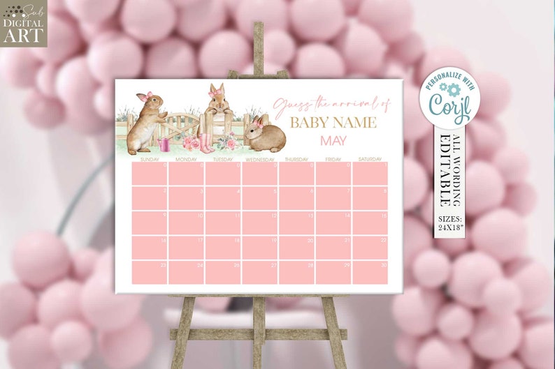 Editable Girl Rabbit Baby Shower Due Date Calendar Bunny Party Etsy