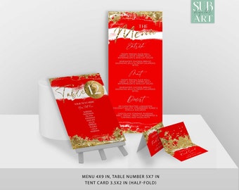 Red White and Gold Foil Menu card, Table Sign, Birthday party decoration, DIY Birthday, party supplies Digital Download Corjl Editable