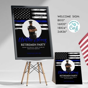 Modello di cartello per pensionamento della polizia, bandiera nera e blu, cartello di benvenuto per festa della polizia, striscione, segnaletica per decorazioni per feste, download immediato Corjl