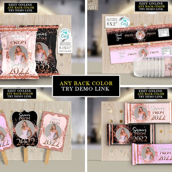 Prom or Graduation 2024 party decorations package Chip bag, Candy bar, Fan, Water bottle label Graduation party ROSE Gold & ANY BACKGROUND