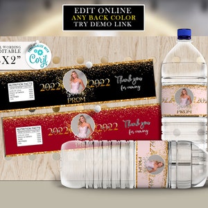 Prom 2025 water bottle party decorations Graduation party favors 2024 centerpieces download GOLD and ANY COLOR Blue, Green, Burgundy, Purple