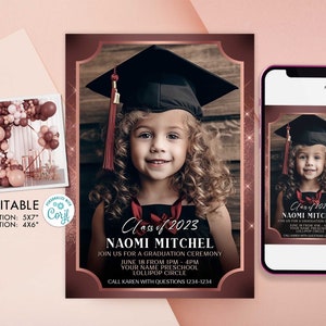 Editable Kindergarten Graduation Invitation with photo Preschool Pre K Graduation Ceremony Invite digital download Template Corjl