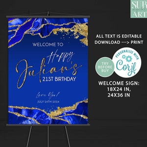 Royal Blue and Gold Welcome sign Birthday party decoration, DIY Birthday poster, signage, party supplies Digital Download Corjl Editable