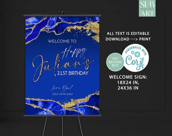 Royal Blue and Gold Welcome sign Birthday party decoration, DIY Birthday poster, signage, party supplies Digital Download Corjl Editable