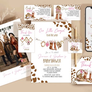 Cowgirl baby shower invitation Rodeo girl pink thank you, diaper raffle, books for baby templates digital download template Corjl