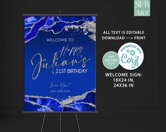 Royal Blue Silver Glitter Welcome Sign, Birthday Party Decor (Digital Download)