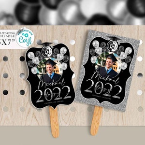 Editable Graduation party decor 2025 fans printable favors centerpieces download Corjl SILVER and ANY COLOR blue, green, purple