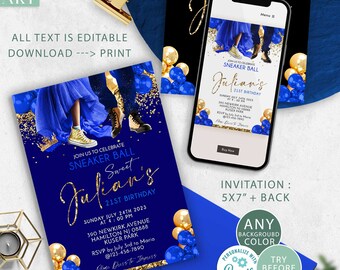 Sneaker Ball Invitation Blue and Gold Birthday party invite, DIY Birthday invites, ball glitter Download Corjl Editable ANY BACKGROUND
