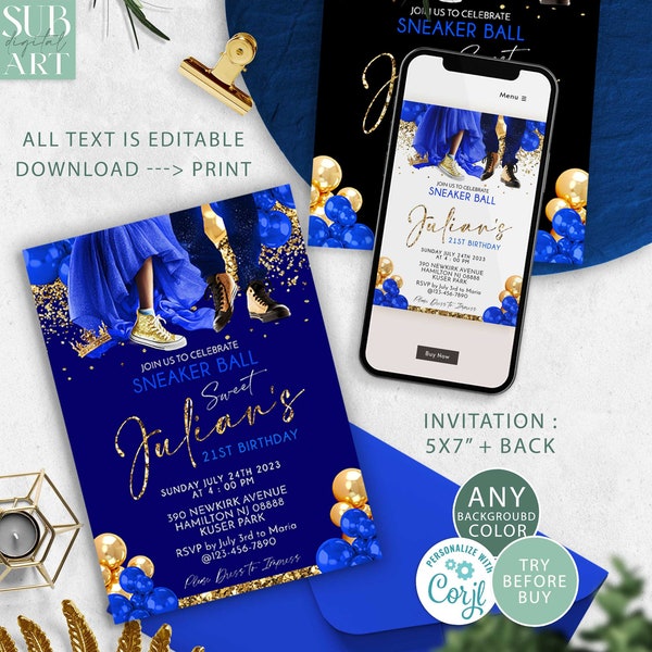 Sneaker Ball Invitation Blue and Gold Birthday party invite, DIY Birthday invites, ball glitter Download Corjl Editable ANY BACKGROUND