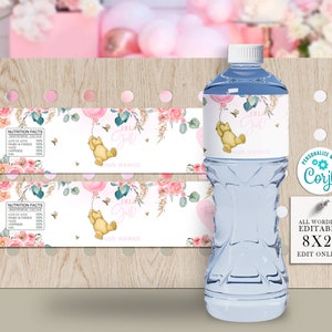 Roze meisje Winnie de Pooh waterfleslabels babyshower bedankjes wrapper blauw babyshower decor feestdecoraties bewerkbare Corjl