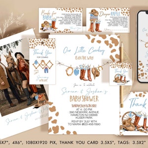 Hemelsblauwe cowboy-babyshoweruitnodiging Rodeo-feestuitnodigingen en bedankkaarten, blauwe en witte Western Evite digitale downloadsjabloon Corjl