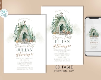 Aquarel groen sleepover uitnodiging meisje verjaardag sleepover uitnodigen bewerkbare, Boho Tipi sleepover partij evite afdrukbare download Corjl