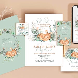 Oh Deer baby shower invitation Sage green and white thank you, diaper raffle, books for baby templates digital download template Corjl