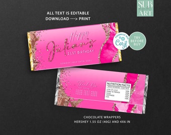 Pink und Rose Gold Candy Bar Wrapper, Geburtstagsfeierdekoration, DIY Schokoladenverpackung, Partyzubehör Digital Download Corjl Bearbeitbar