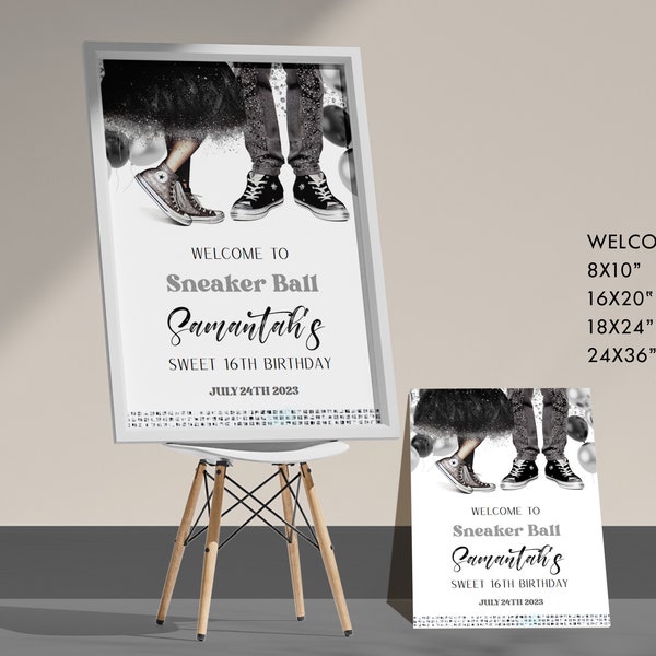 Sneaker Ball birthday welcome sign Boy or Girl black silver  birthday party decoration banner, signage, poster digital download Corjl