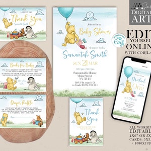 Winnie the Pooh baby shower invites, Classic Winnie Pooh invitation template party favors digital evite Editable Corjl