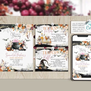 A Baby is Brewing invitation, Halloween baby shower invite, Evite Books for baby Thank you tags Diaper Raffle card printable Editable Corjl