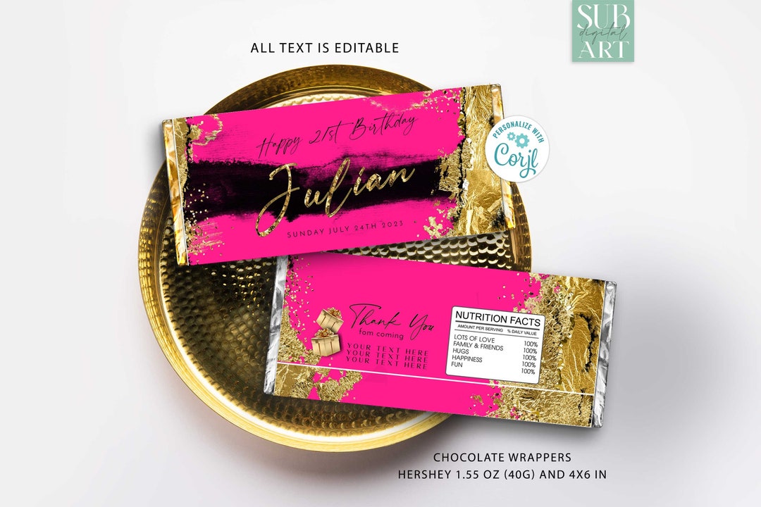 Hot Pink, Black and Gold Foil Candy Bar Wrappers, Birthday Party Decoration, DIY Chocolate