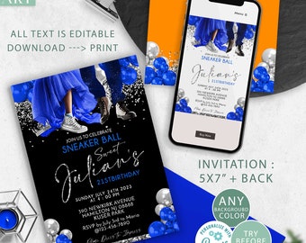 Blue Sneaker Ball Invitation Silver and Any Background Birthday party invite, DIY Birthday invites, Download Corjl Editable