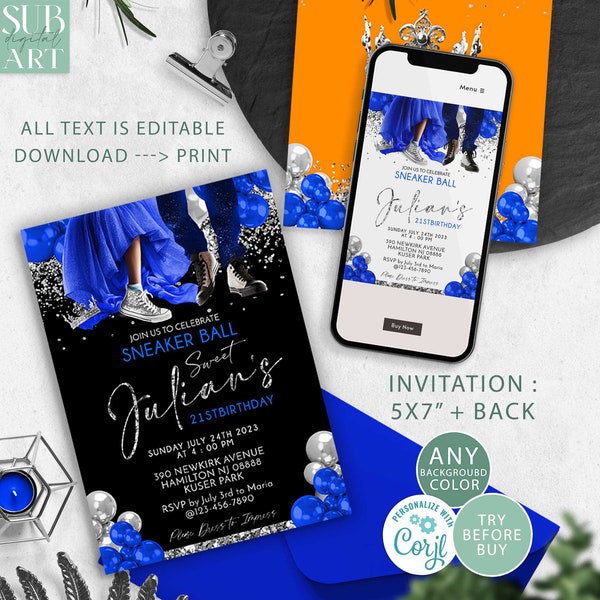 Blue Sneaker Ball Invitation Silver and Any Background Birthday party invite, DIY Birthday invites, Download Corjl Editable