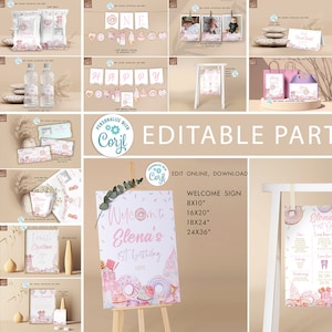 Editable Sweet One birthday Invitation bundle, Milestone board Donut First Birthday decorations, centerpiece party favors Printable Corjl