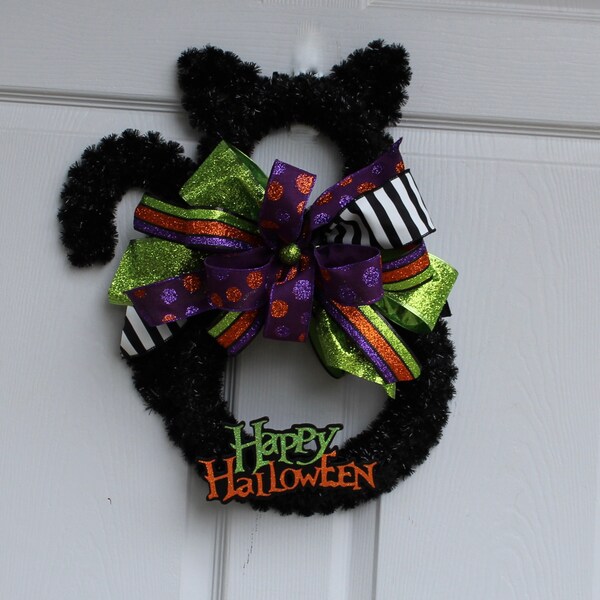 Black Cat Wreath, Halloween Wreath, Halloween Cat, Halloween Door Hanger, Halloween Decoration, Best Halloween Wreath, Happy Halloween Decor