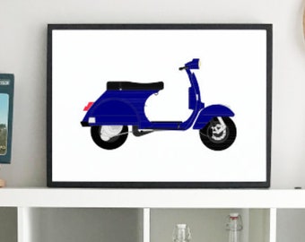 VESPA PX 125 BLUE motorcycle illustration, print, poster, to frame