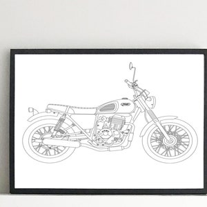 Puede incluir: Dibujo lineal en blanco y negro de una motocicleta en un marco negro. La imagen se muestra en una estantería blanca, junto a una raqueta de tenis vintage y un pequeño libro titulado "Motocross Y Trial".