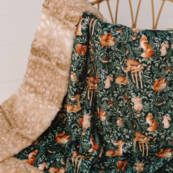 Fawn & Friends Green Woodland Luxe Minky - Personalized Baby Blanket with Name - Baby Shower Gift