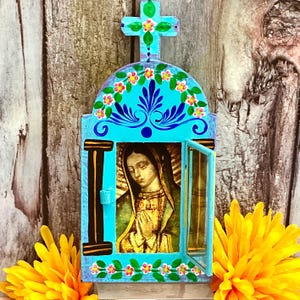 Mexican Tin Nicho Virgen de Guadalupe image  Painted Tin Nicho Painted Shadow Box Mexican Religious Nicho, Virgen de Guadalupe Nicho