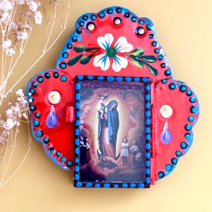 Mexican Tin Nicho with Virgin Mary Image  Painted Tin Nicho Painted Shadow Box Mexican Religious Nicho, Virgen Mary Nicho