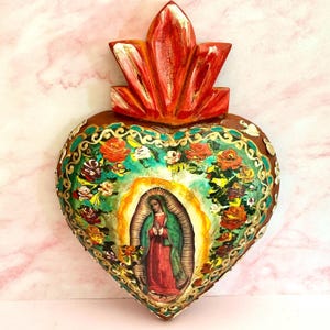 Extra large Virgin of Guadalupe Wooden Heart  Religious  Hand-Painted Heart Hanging Wall Decor   Altar Decor Wedding Mother’s Day Gifts